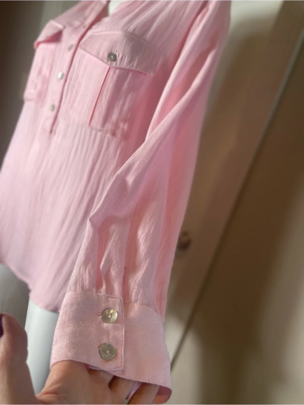Kori~Light Pink-1/2 Button-Front~Popover~Blouse~Long Sleeve~Chest Pockets~Size L